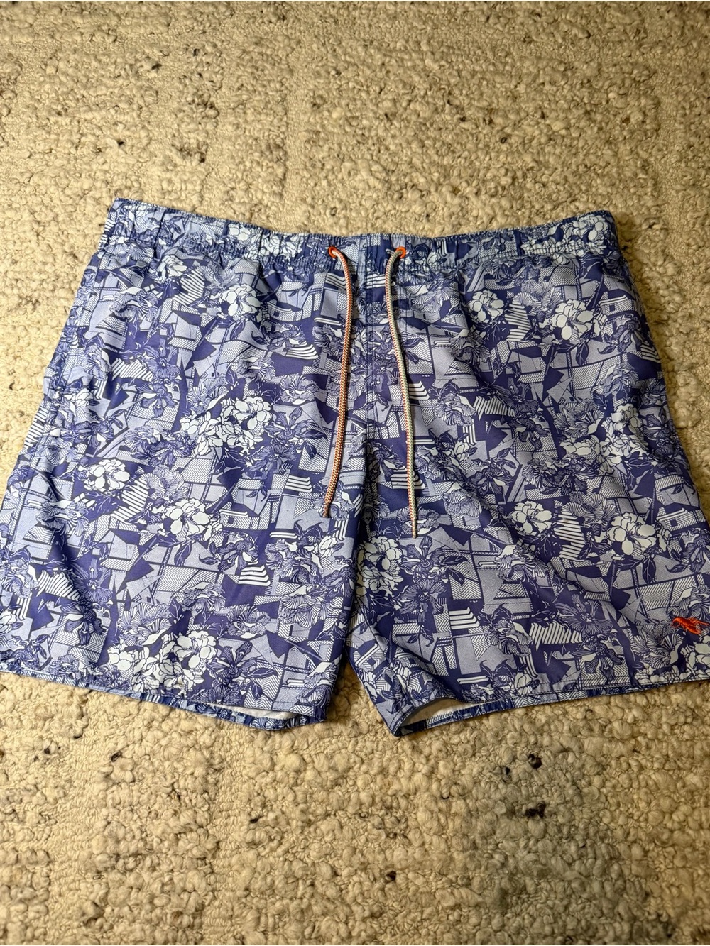 Ted Baker London Blue Floral Swim Trunks with Orange Drawcord Accents